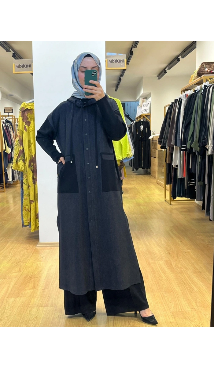 MissDalida Triko Detaylı Uzun Denim Kap T25PF-8010