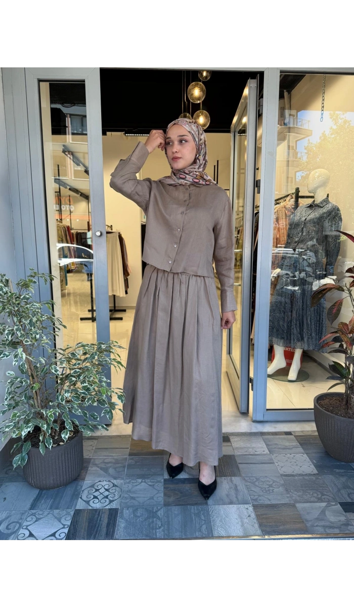 Natural %100 Keten Lastikli Etek Takım TD-4318