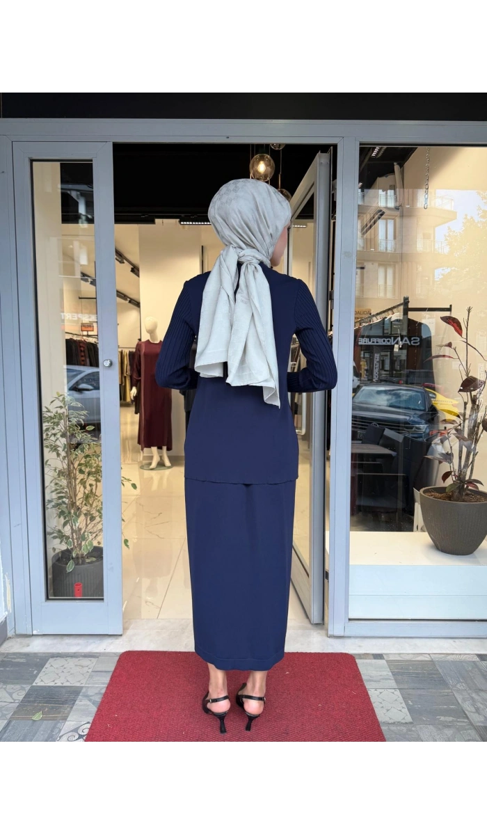 Örgü Teknikli Elbiseli Hırka Takım Navy 3260001