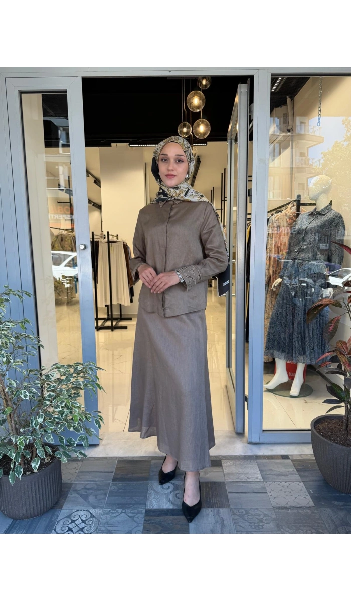 Yaka Nakış Detaylı %100 Keten Elbise TD-4740