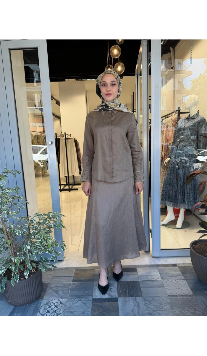Yaka Nakış Detaylı %100 Keten Elbise TD-4740