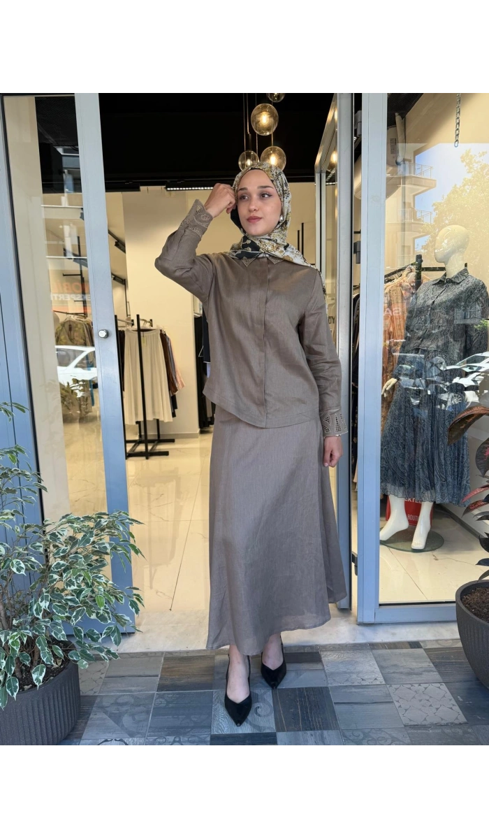 Yaka Nakış Detaylı %100 Keten Elbise TD-4740