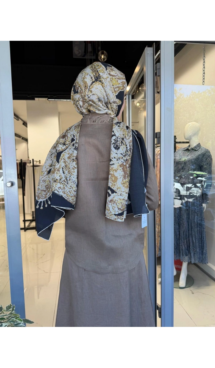 Yaka Nakış Detaylı %100 Keten Elbise TD-4740