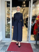 Line %100 Keten Çizgili Gömlek Elbise TD-3724