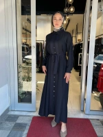 Erkek Yaka İpek Keten Uzun Elbise 2264551