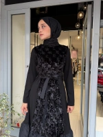 Kadife Detaylı Elbise Siyah 40801