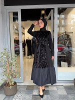 Kadife Detaylı Elbise Siyah 40801