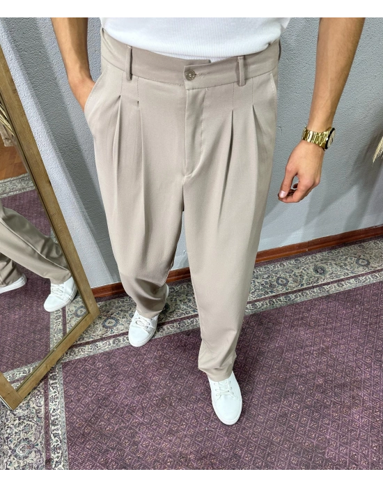 Baggy Kalıp Kumaş Pantolon Bej