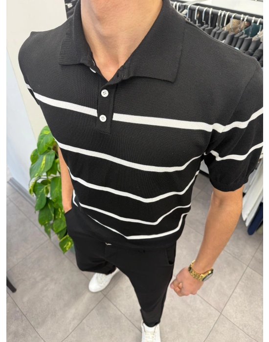 Düğme Detaylı Çizgili Polo Yaka Triko Siyah
