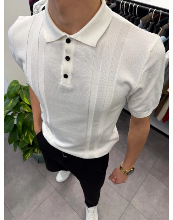 Düğme Detaylı Düz Çizgili Polo Yaka Triko Beyaz