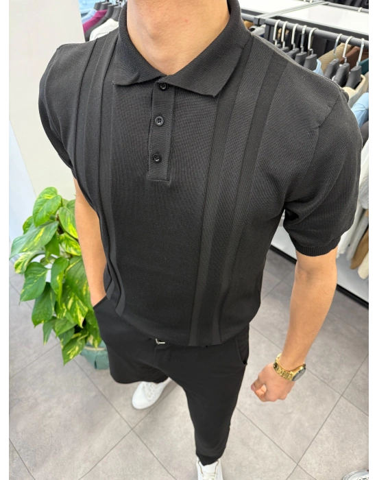 Düğme Detaylı Düz Çizgili Polo Yaka Triko Siyah