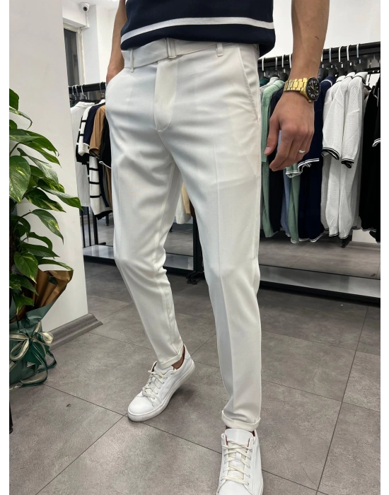 Kendinden Kemerli Duble Paça Kumaş Pantolon Beyaz
