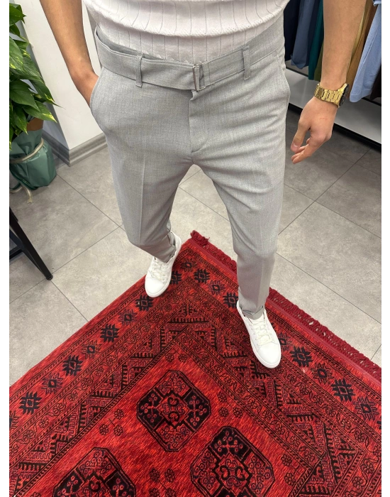 Kendinden Kemerli Duble Paça Kumaş Pantolon Gri