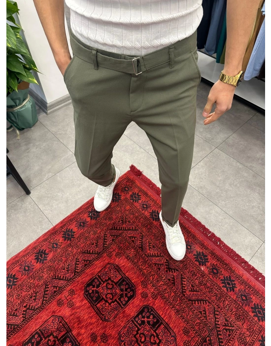 Kendinden Kemerli Duble Paça Kumaş Pantolon Haki