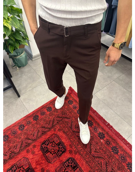 Kendinden Kemerli Duble Paça Kumaş Pantolon Kahve