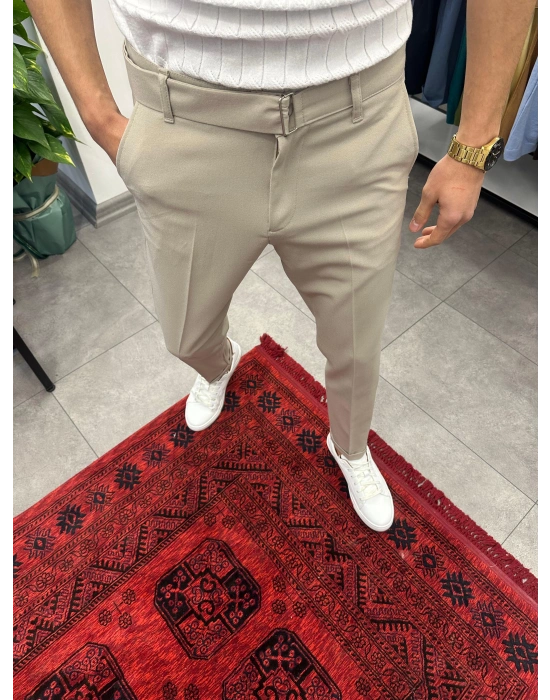 Kendinden Kemerli Duble Paça Kumaş Pantolon Krem