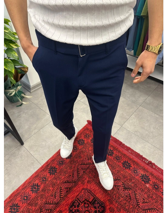 Kendinden Kemerli Duble Paça Kumaş Pantolon Lacivert