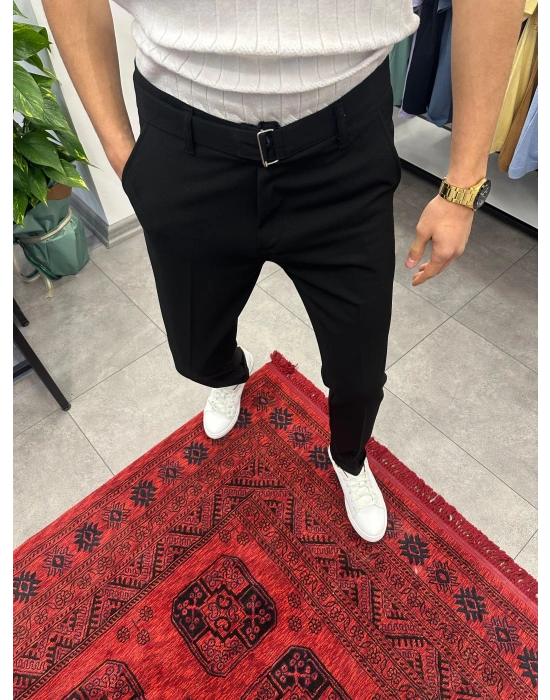 Kendinden Kemerli Duble Paça Kumaş Pantolon Siyah