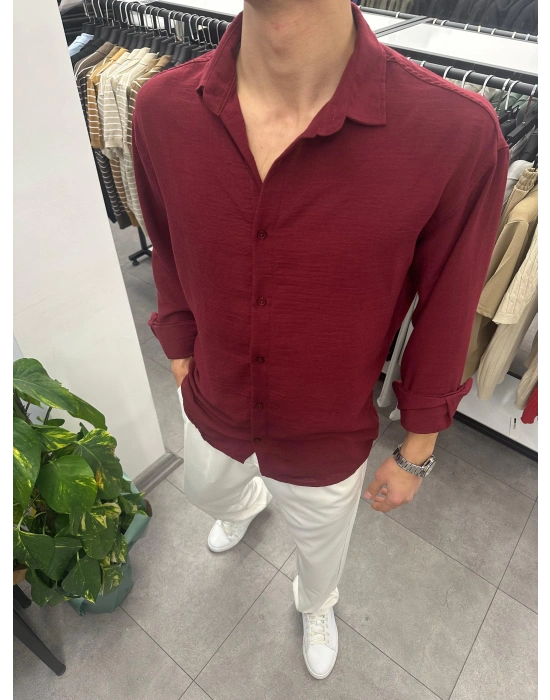 Krinkil Keten Gömlek Bordo