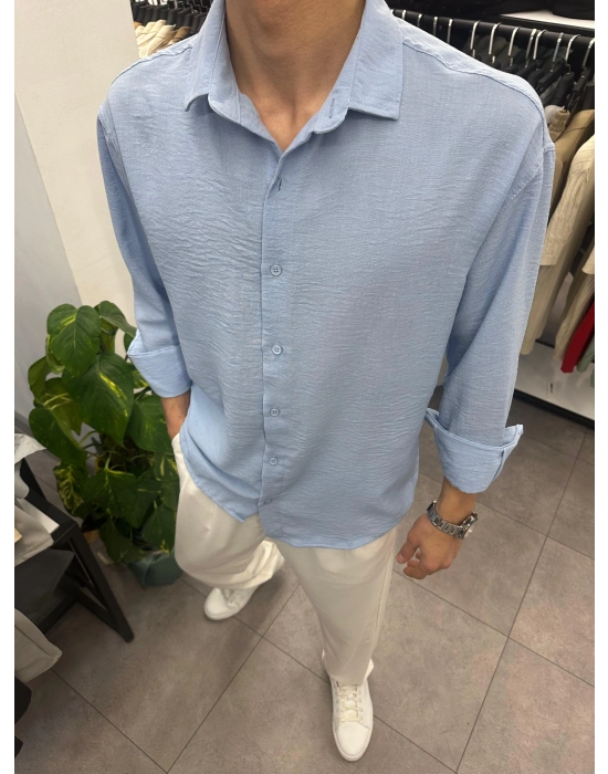 Krinkil Keten Gömlek Buz Mavi