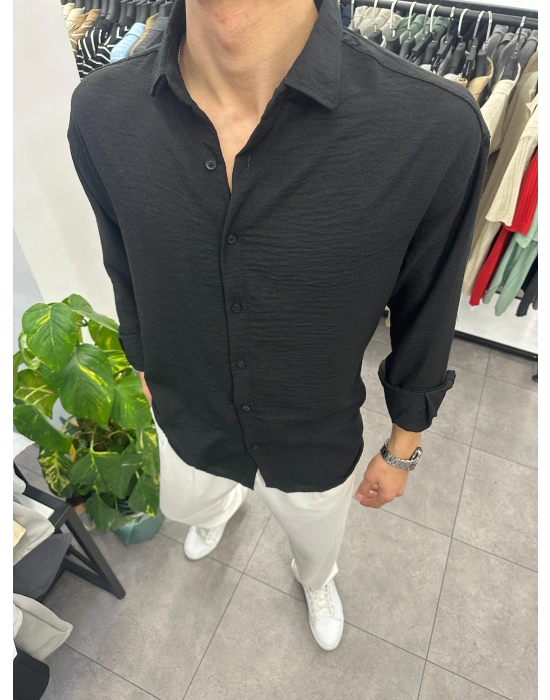 Krinkil Keten Gömlek Siyah