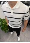 Düğme Detaylı Çizgili Polo Yaka Triko Beyaz
