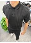 Düğme Detaylı Düz Çizgili Polo Yaka Triko Siyah