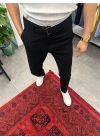 Kendinden Kemerli Duble Paça Kumaş Pantolon Siyah