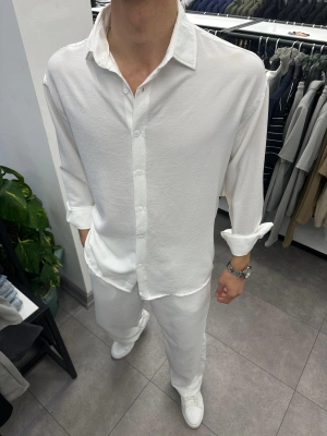 Alt Üst Baggy Keten Takım Beyaz