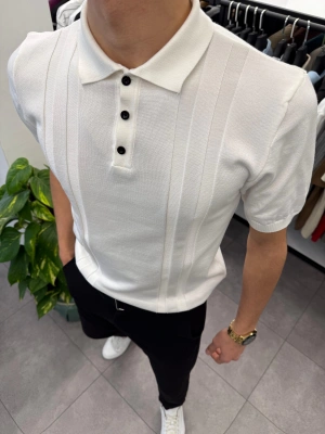 Düğme Detaylı Düz Çizgili Polo Yaka Triko Beyaz
