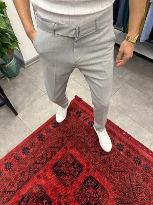 Kendinden Kemerli Duble Paça Kumaş Pantolon Gri