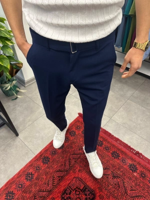 Kendinden Kemerli Duble Paça Kumaş Pantolon Lacivert