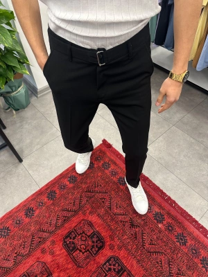 Kendinden Kemerli Duble Paça Kumaş Pantolon Siyah