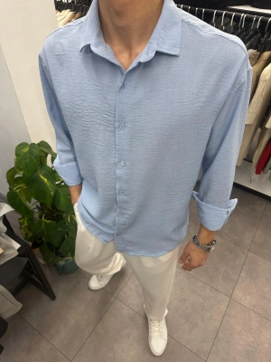 Krinkil Keten Gömlek Buz Mavi