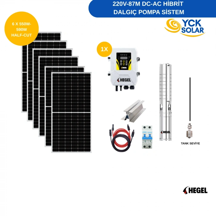 220V 87 Metre DC-AC Hibrit Solar Dalgıç Pompa Sistemi | 2200W | 6x 550W–590W Half-Cut Panel | Hegel Sürücülü Komple Set