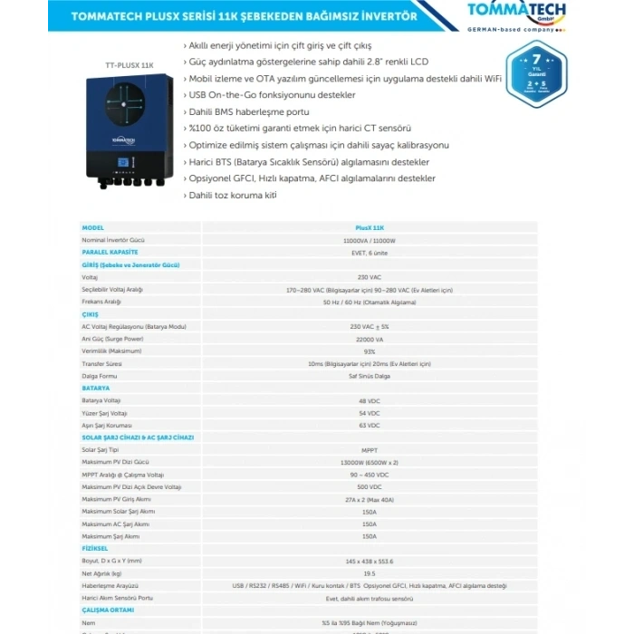 TommaTech PlusX Serisi 11K 48V Tek Faz Akıllı İnverter