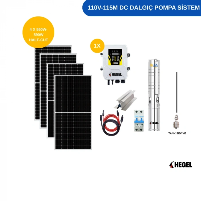DC POMPA 4 adet Güneş Paneli ile Çalışan 110 Volt Sulama Paketi - Max.110 Metre - Max.7.5 Ton Su
