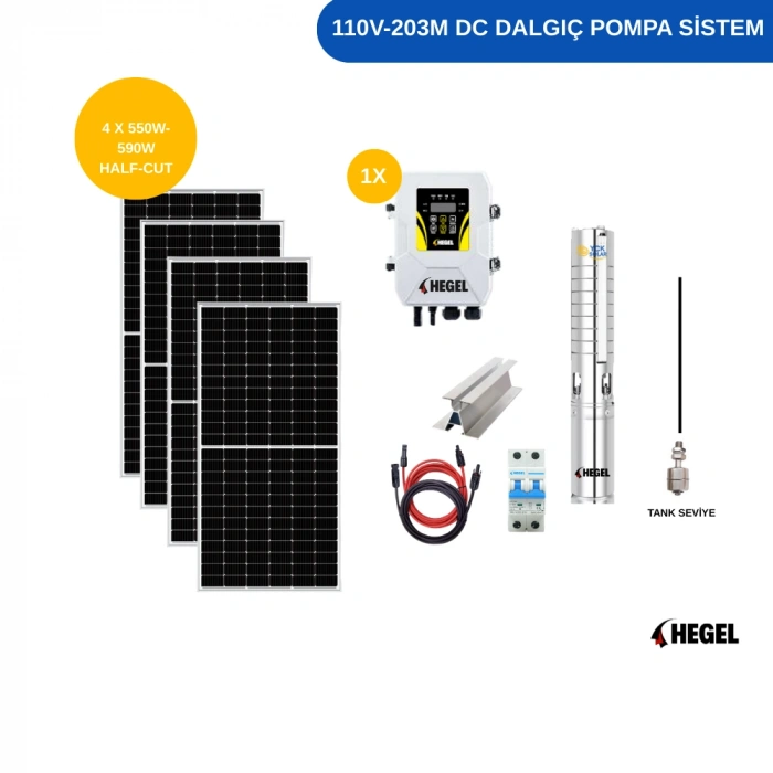 DC POMPA  4 Adet Güneş Paneli ile Çalışan Hegel 110 Volt Dc Pompalı Sulama Paketi - Max.200 Metre - Max.4.5 Ton Su