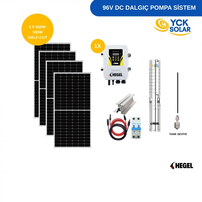 DC POMPA 4 Adet Güneş Paneli ile Çalışan Hegel 96 Volt Dc Pompalı Sulama Paketi - Max.90 Metre - Max.7.5 Ton Su