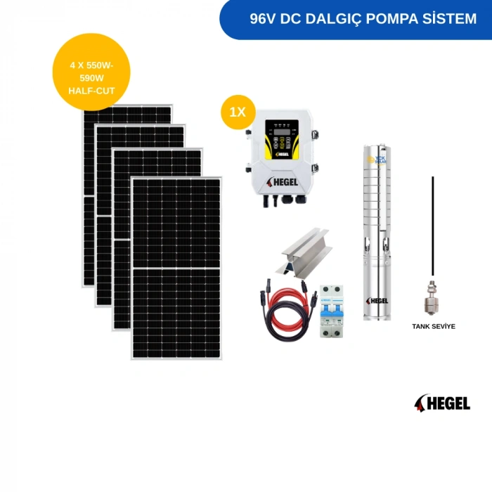DC POMPA 4 Adet Güneş Paneli ile Çalışan Hegel 96 Volt Dc Pompalı Sulama Paketi - Max.90 Metre - Max.7.5 Ton Su