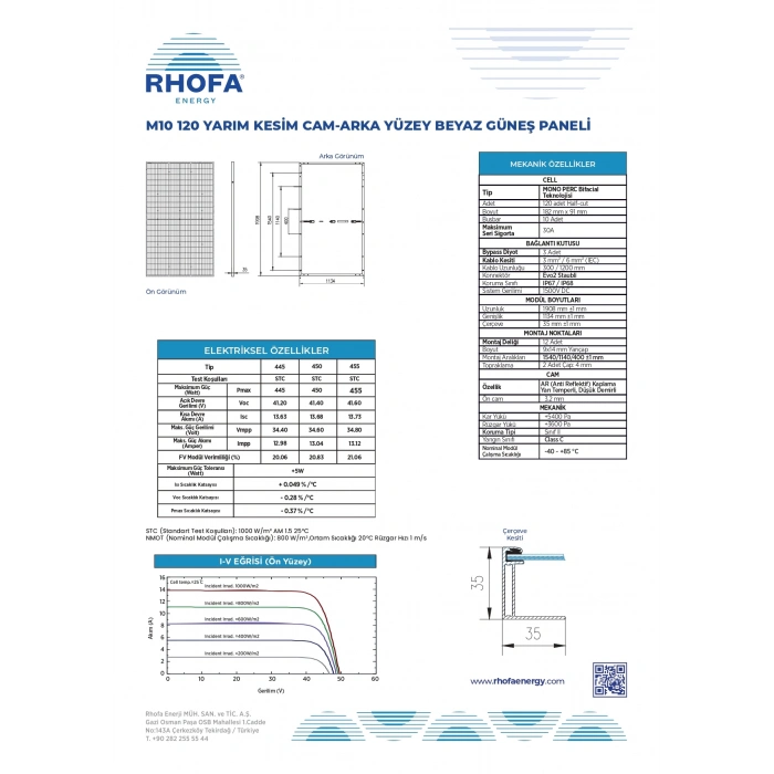 Rhofa 450W M10 120 Yarım Kesim Cam Arka Yüzey Beyaz Güneş Paneli 31 Adet