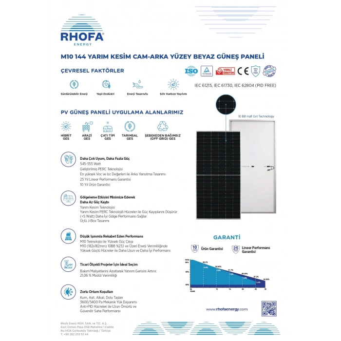Rhofa 545W M10 144 Yarım Kesim Cam-Arka Yüzey Beyaz Güneş Paneli