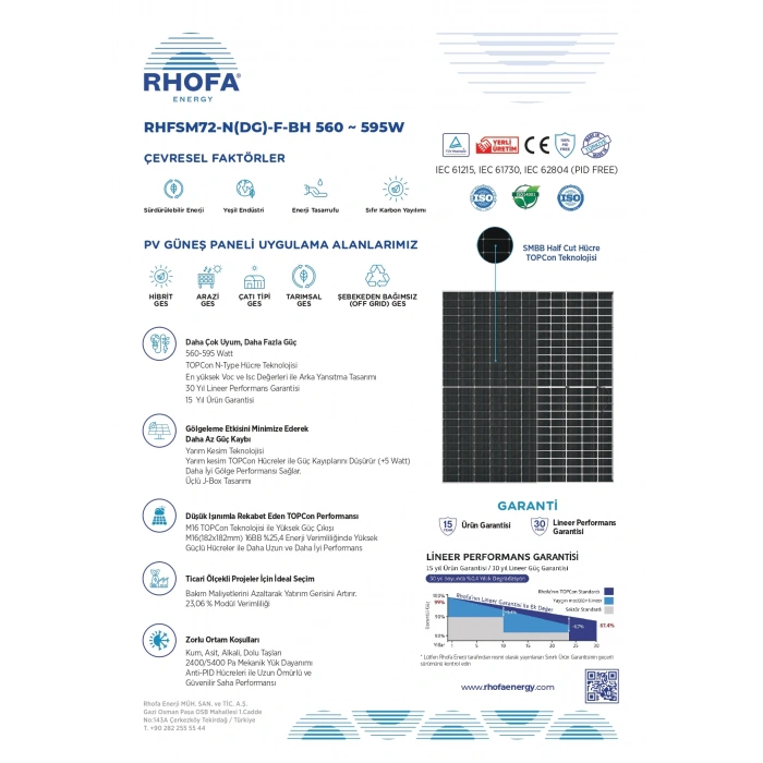 Rhofa 590W M16 144 Yarım Kesim Çift Cam Bifacial Güneş Paneli 36 Adet