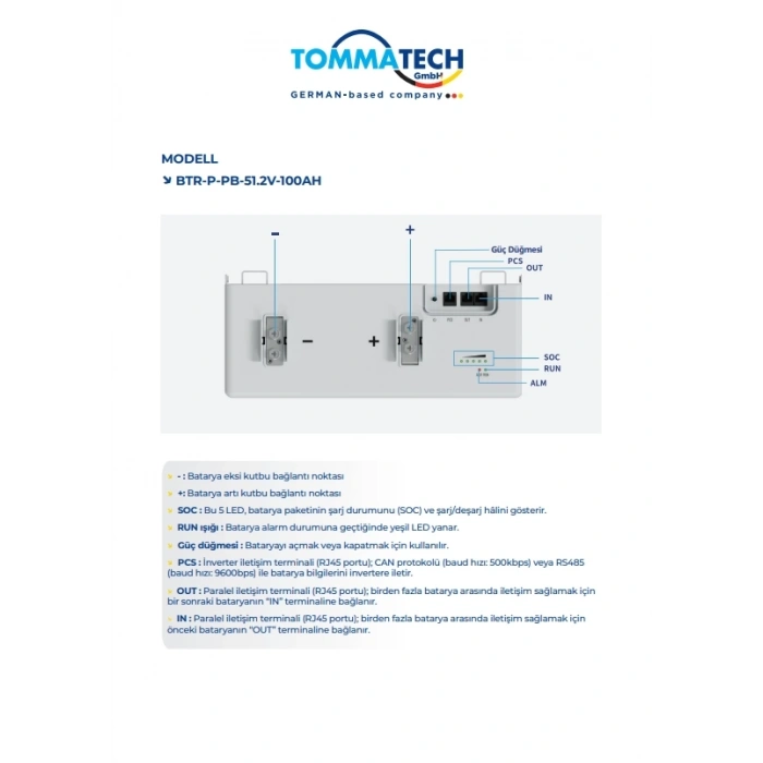 TommaTech PB Serisi 51.2V 100Ah LFP Lityum Batarya