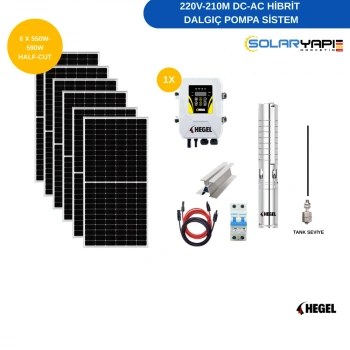 220V 210 Metre DC-AC Hibrit Solar Dalgıç Pompa Sistemi | 6x 550W–590W Half-Cut Panel | Hegel Sürücülü Komple Set