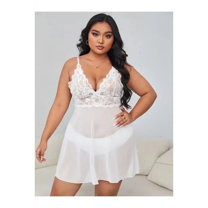 Büyük Beden Dantel Detaylı Tül Gecelik