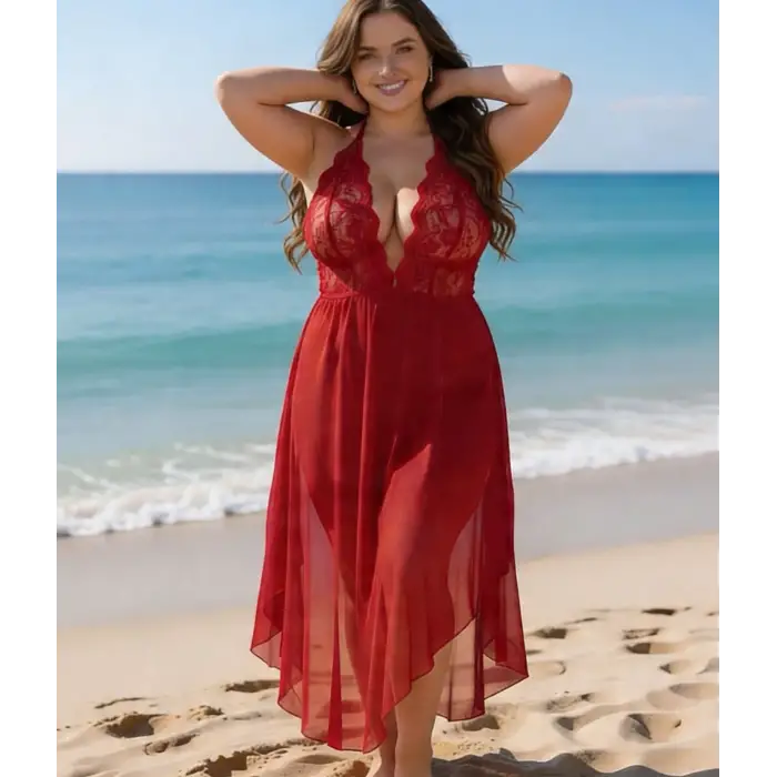 Dantelli Transparan Uzun Yırtmaçlı Gecelik