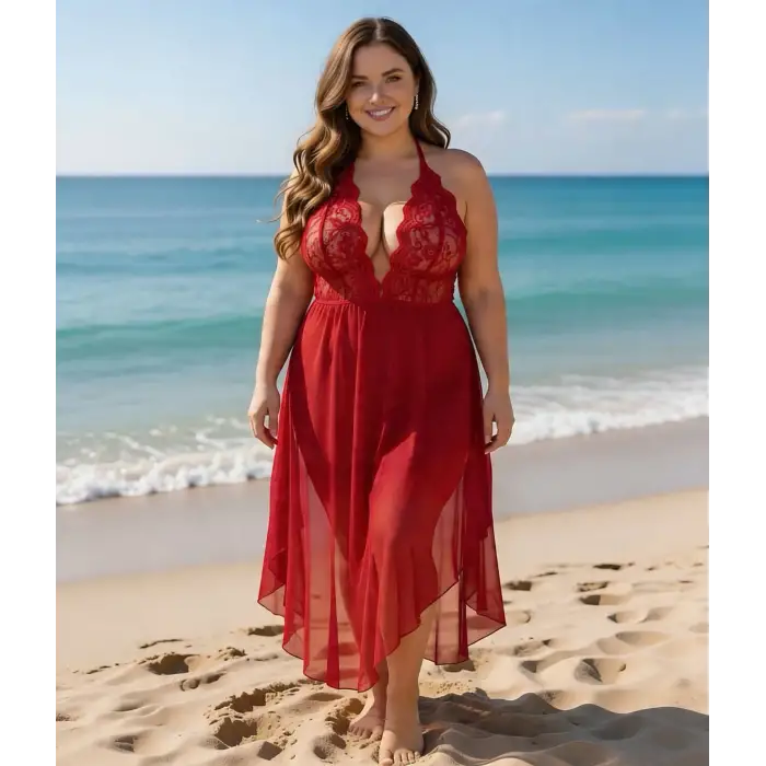 Dantelli Transparan Uzun Yırtmaçlı Gecelik