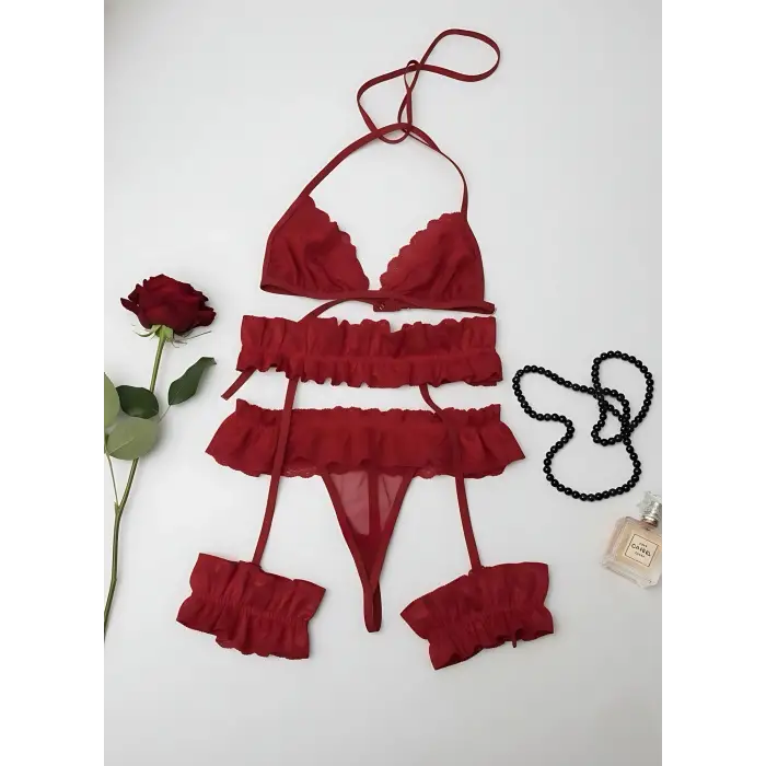 Bacak Bantlı Dantel Fantezi Jartiyer Takım