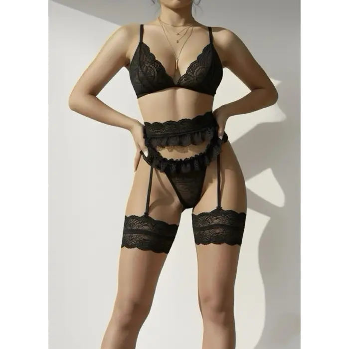 Bacak Bantlı Dantel Fantezi Jartiyer Takım